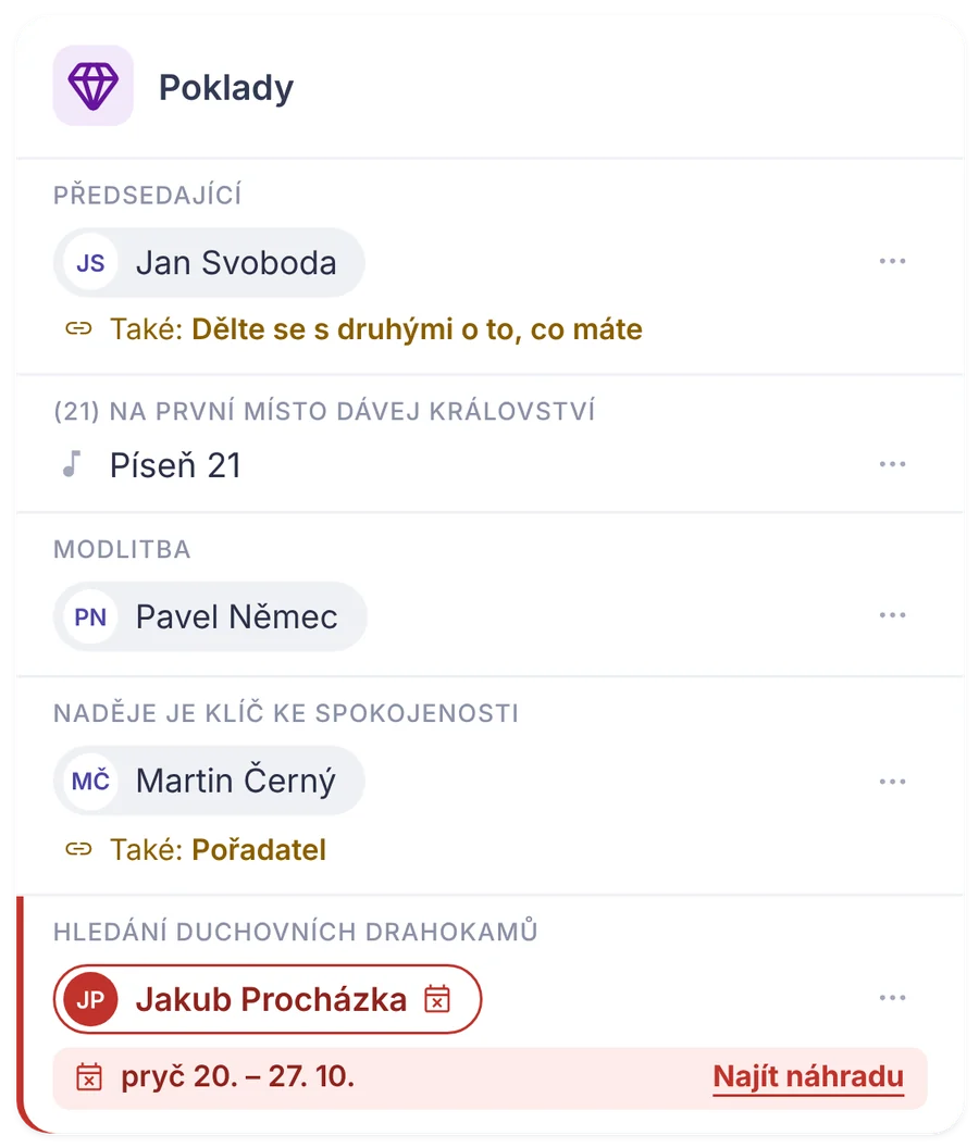 Výstřižek z tabule shromáždění: část Poklady s přiřazenými bratry a konfliktem s odkazem Najít náhradu.