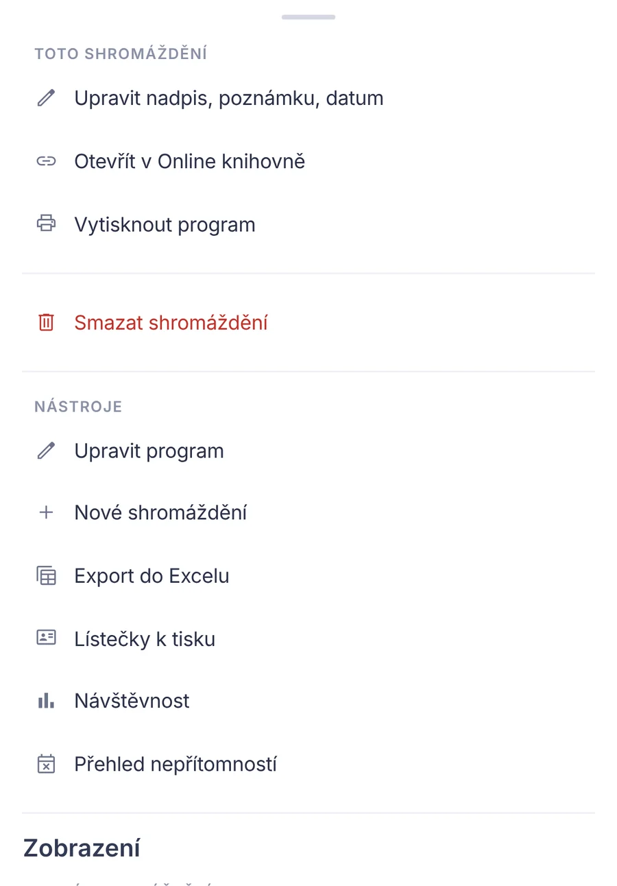Výstřižek: nabídka shromáždění s nástroji Export do Excelu, Lístečky k tisku, Návštěvnost a Přehled nepřítomností.