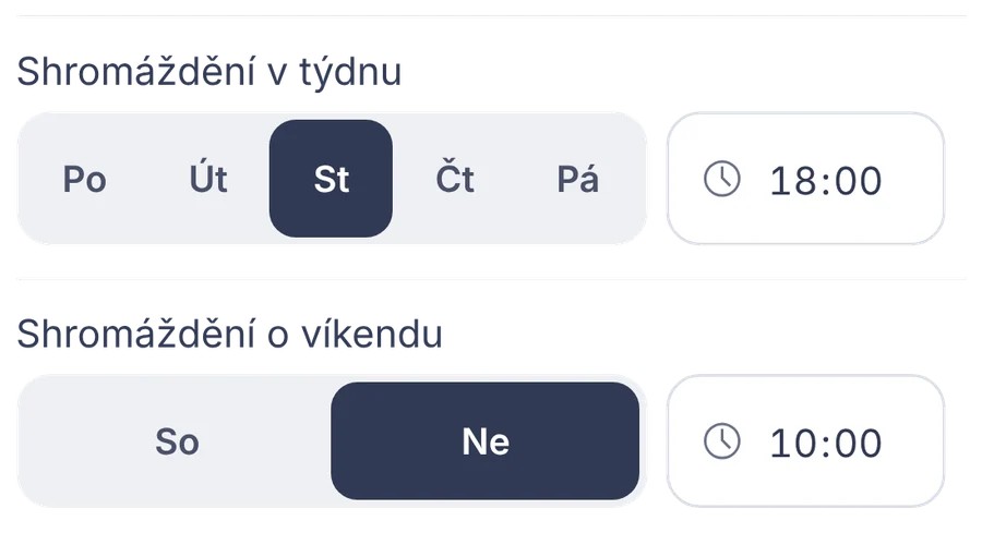 Výstřižek: nastavení dnů a časů shromáždění v týdnu a o víkendu.