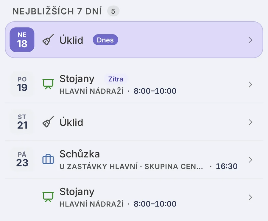 Výstřižek z aplikace: seznam Nejbližších 7 dní – úklid dnes, stojany zítra, schůzka před službou a další.