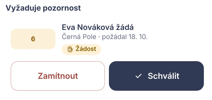Výstřižek: žádost o obvod s tlačítky Zamítnout a Schválit.