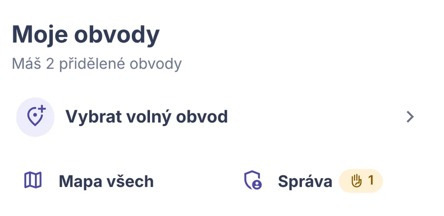 Výstřižek: dlaždice Vybrat volný obvod, Mapa všech a Správa.